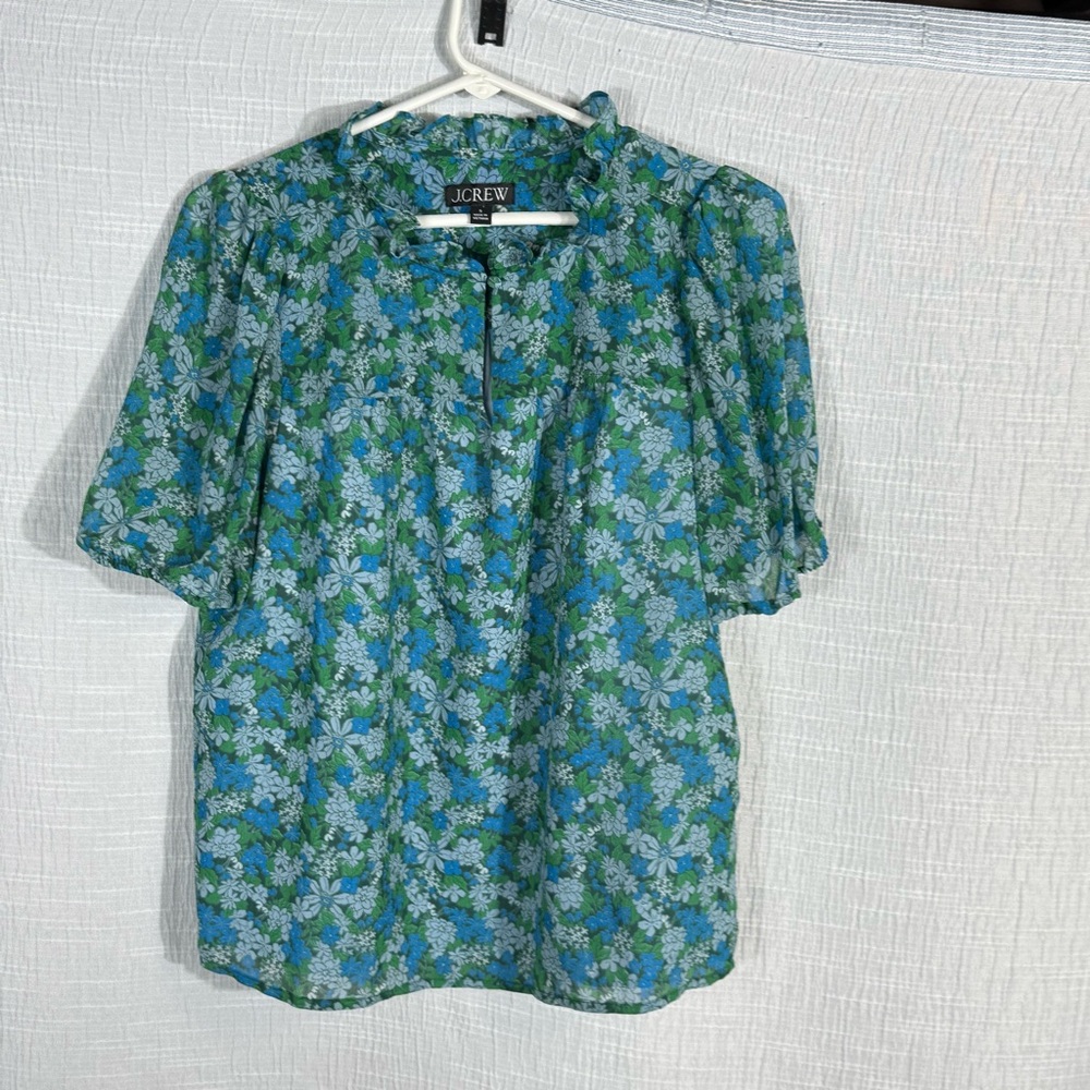 J. Crew Blue Green Floral Puff-Sleeve Blouse - Picture 3 of 10